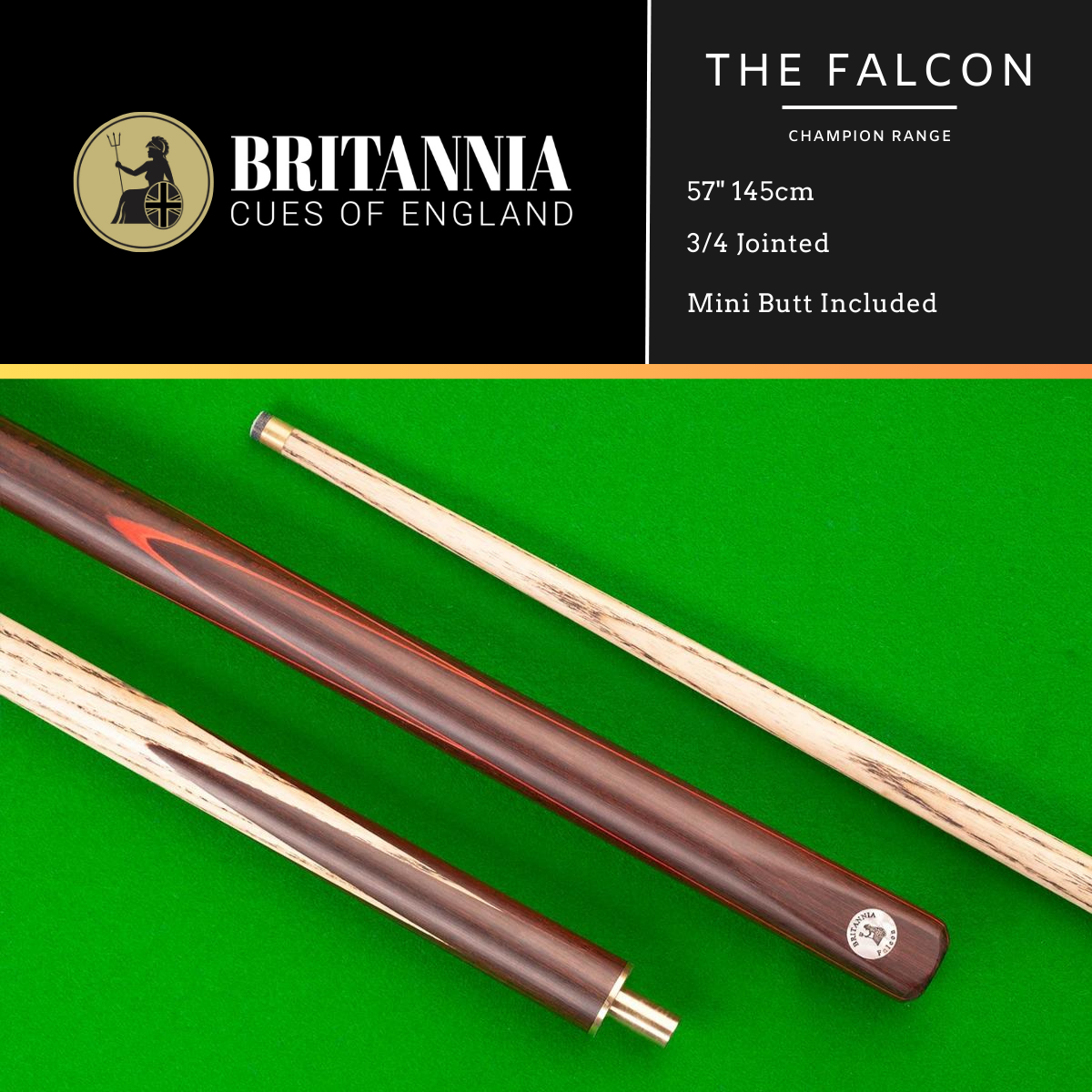 Britannia Snooker Cue 3/4 Jointed Champion Range Falcon 57" 145cm