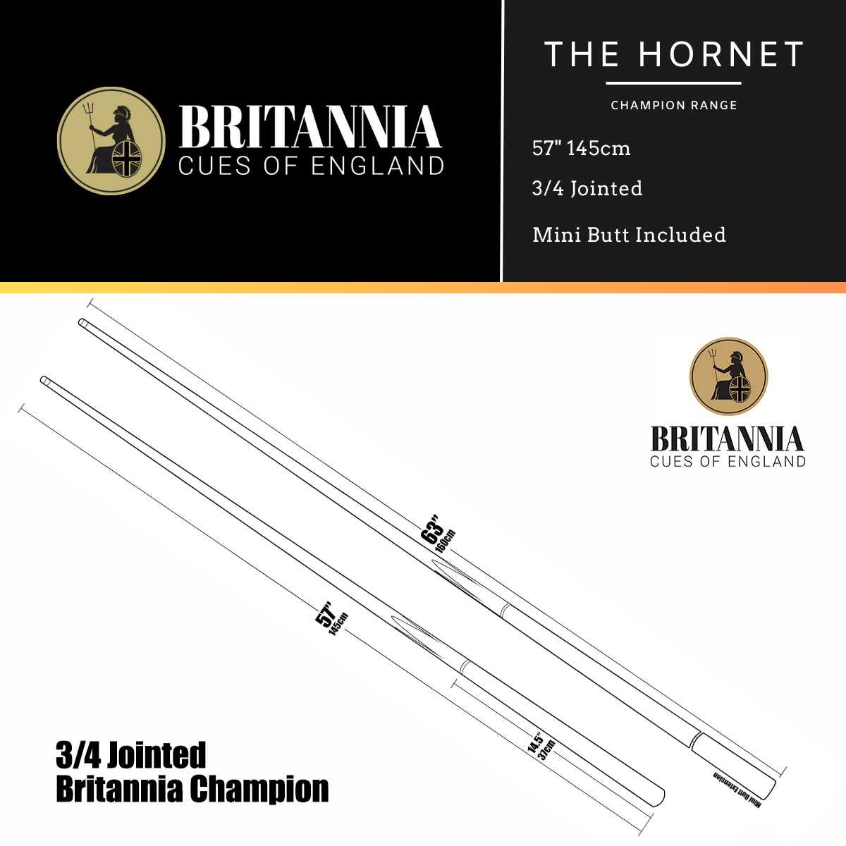Britannia Snooker Cue 3/4 Jointed Champion Range Hornet 57" 145cm