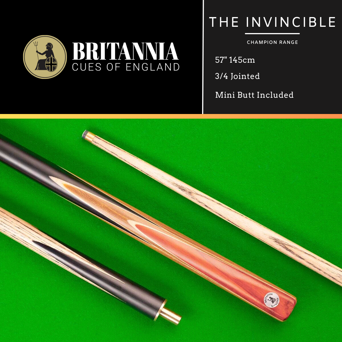 Britannia Snooker Cue 3/4 Jointed Champion Range Invincible 57" 145cm