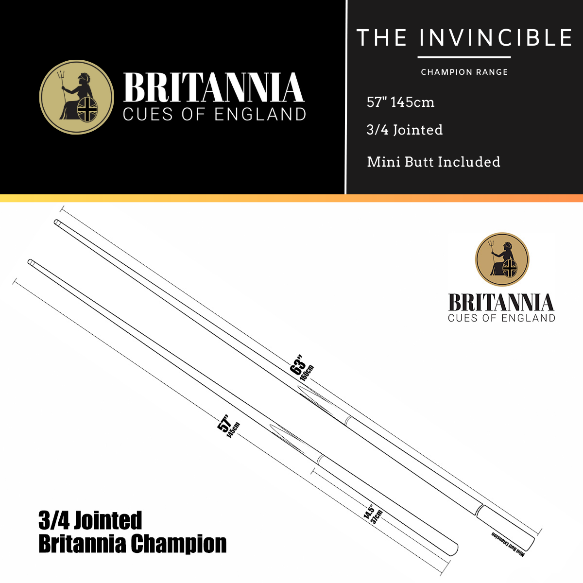 Britannia Snooker Cue 3/4 Jointed Champion Range Invincible 57" 145cm