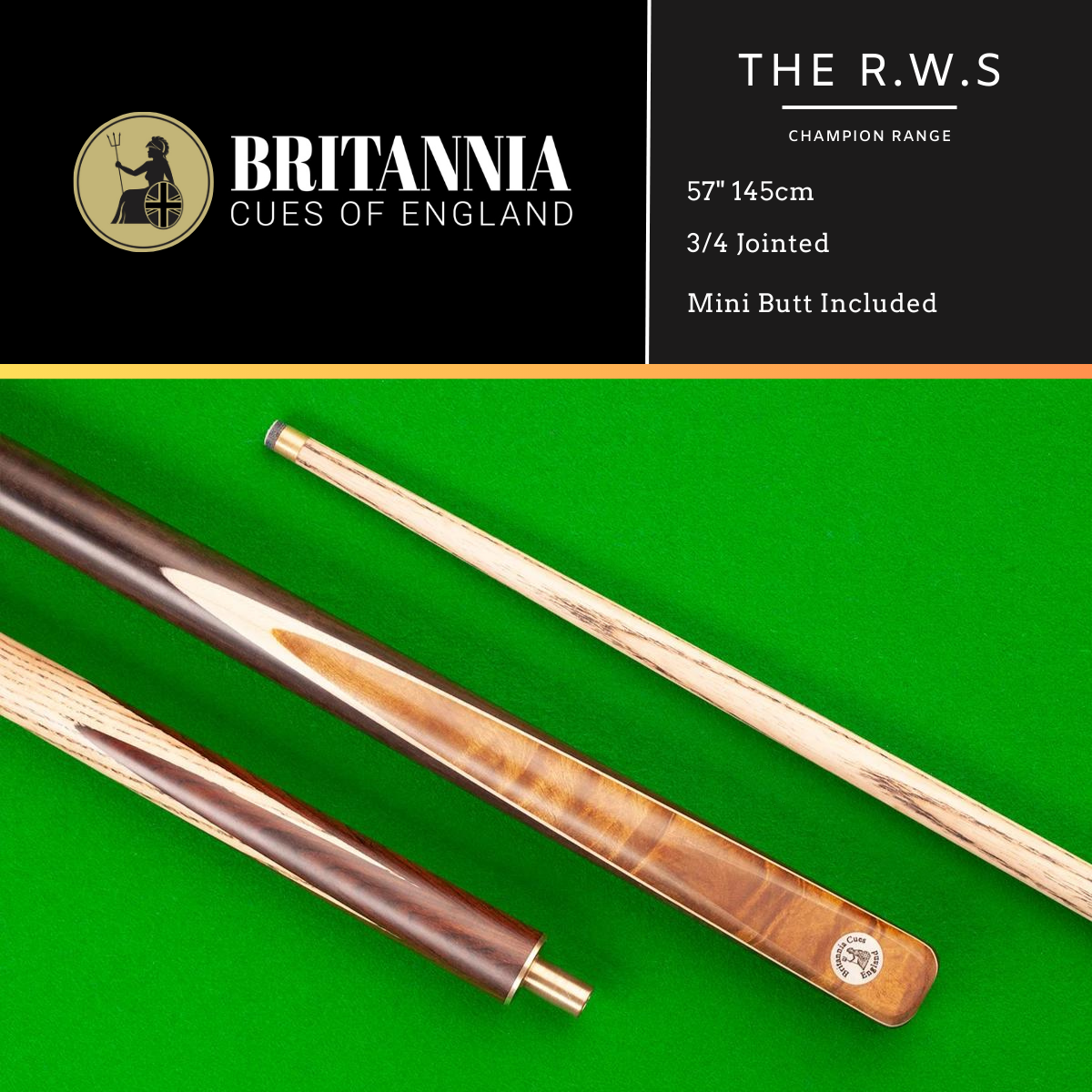 Britannia Snooker Cue 3/4 Jointed Champion Range R.W.S 57" 145cm