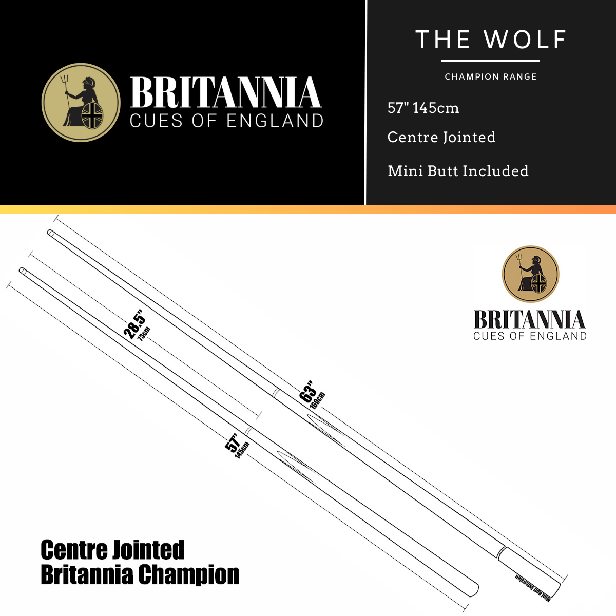 Britannia Snooker Cue Centre Jointed Champion Range Wolf 57" 145cm