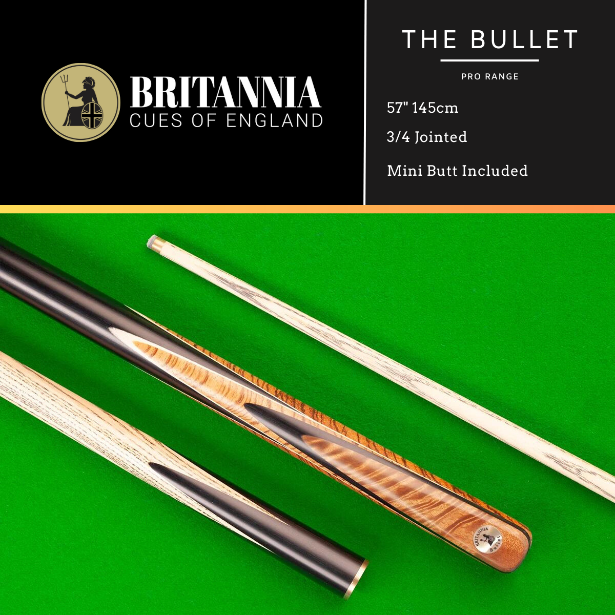 Britannia English Pool Cue 3/4 Jointed Pro Range Bullet 57" 145cm