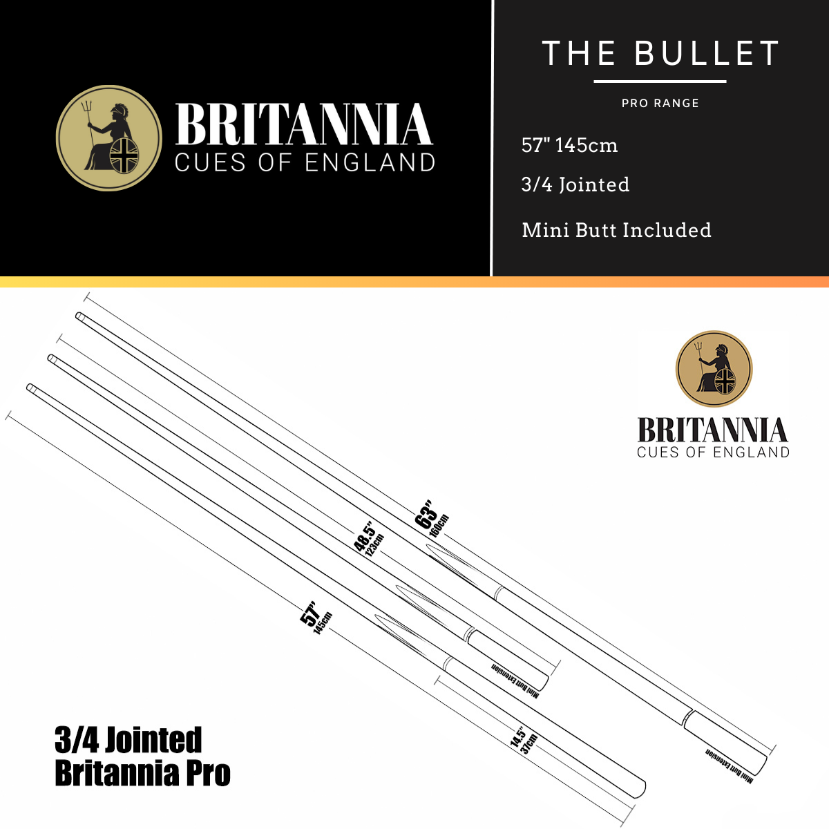 Britannia English Pool Cue 3/4 Jointed Pro Range Bullet 57" 145cm