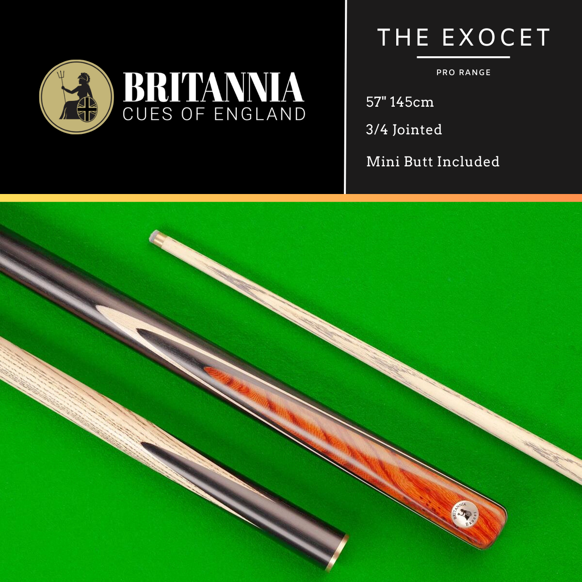 Britannia English Pool Cue 3/4 Jointed Pro Range Exocet 57" 145cm