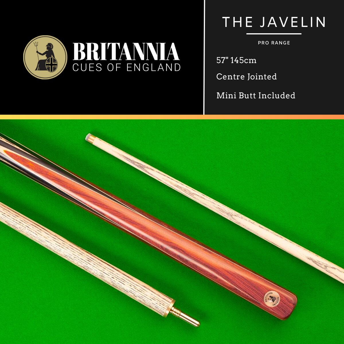 Britannia English Pool Cue Centre Jointed Pro Range Javelin 57" 145cm