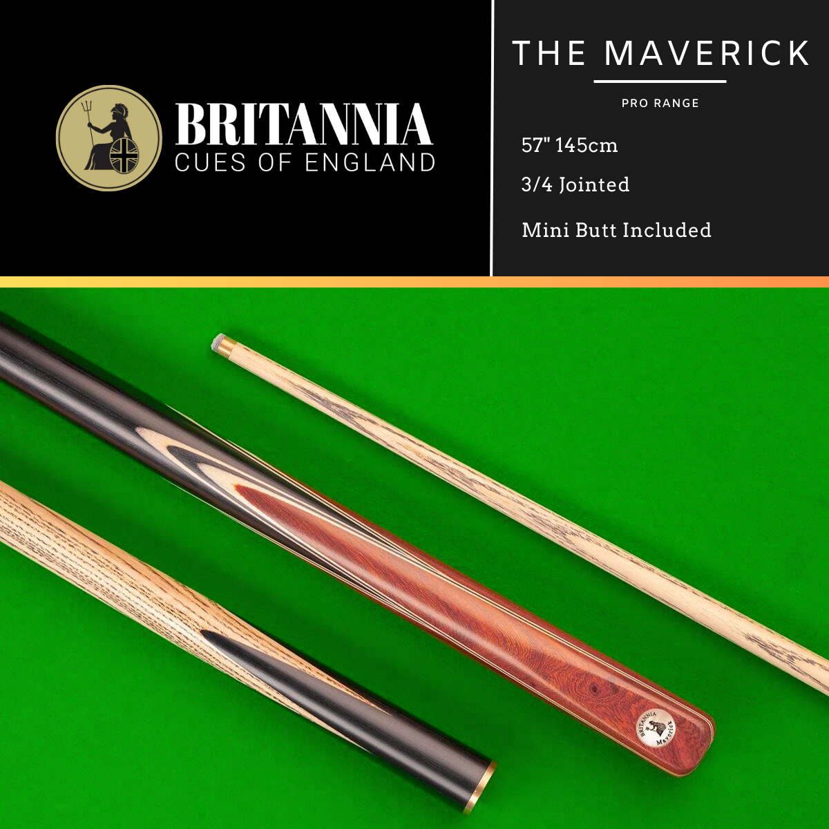 Britannia English Pool Cue 3/4 Jointed Pro Range Maverick 57" 145cm