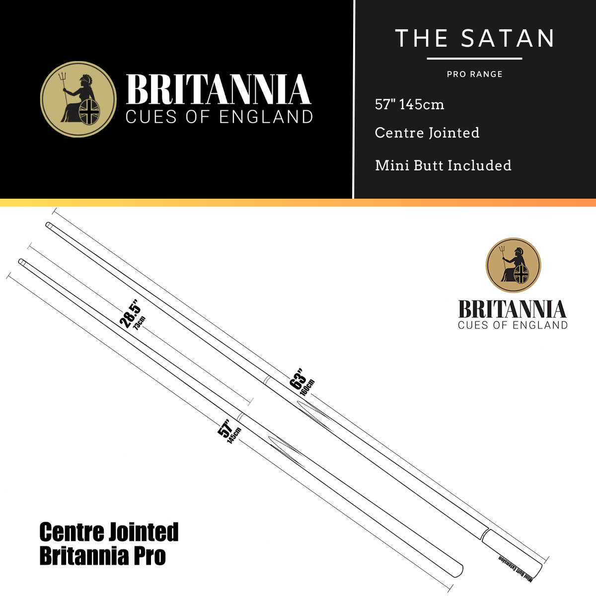 Britannia English Pool Cue Centre Jointed Pro Range Satan 57" 145cm