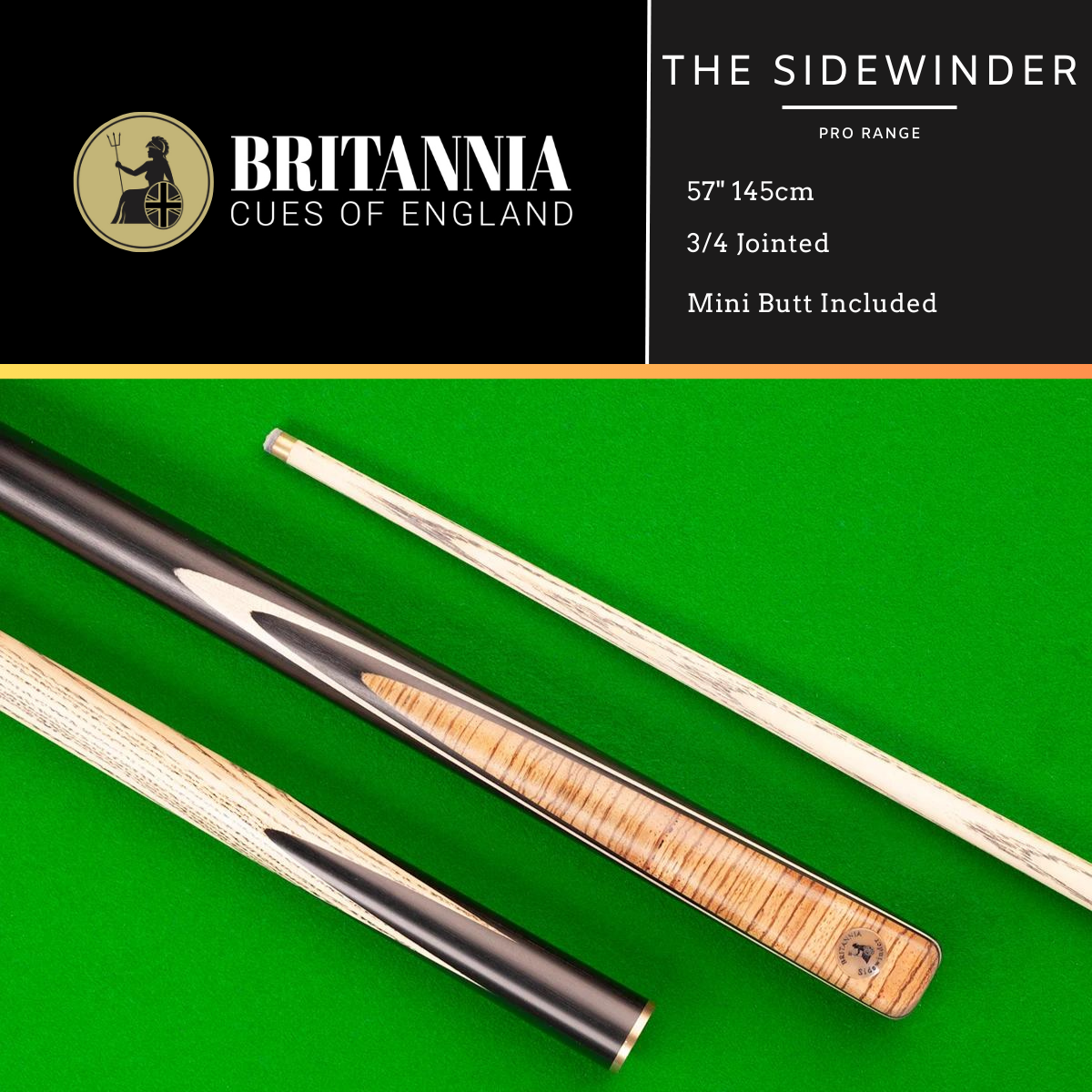 Britannia English Pool Cue 3/4 Jointed Pro Range Sidewinder 57" 145cm
