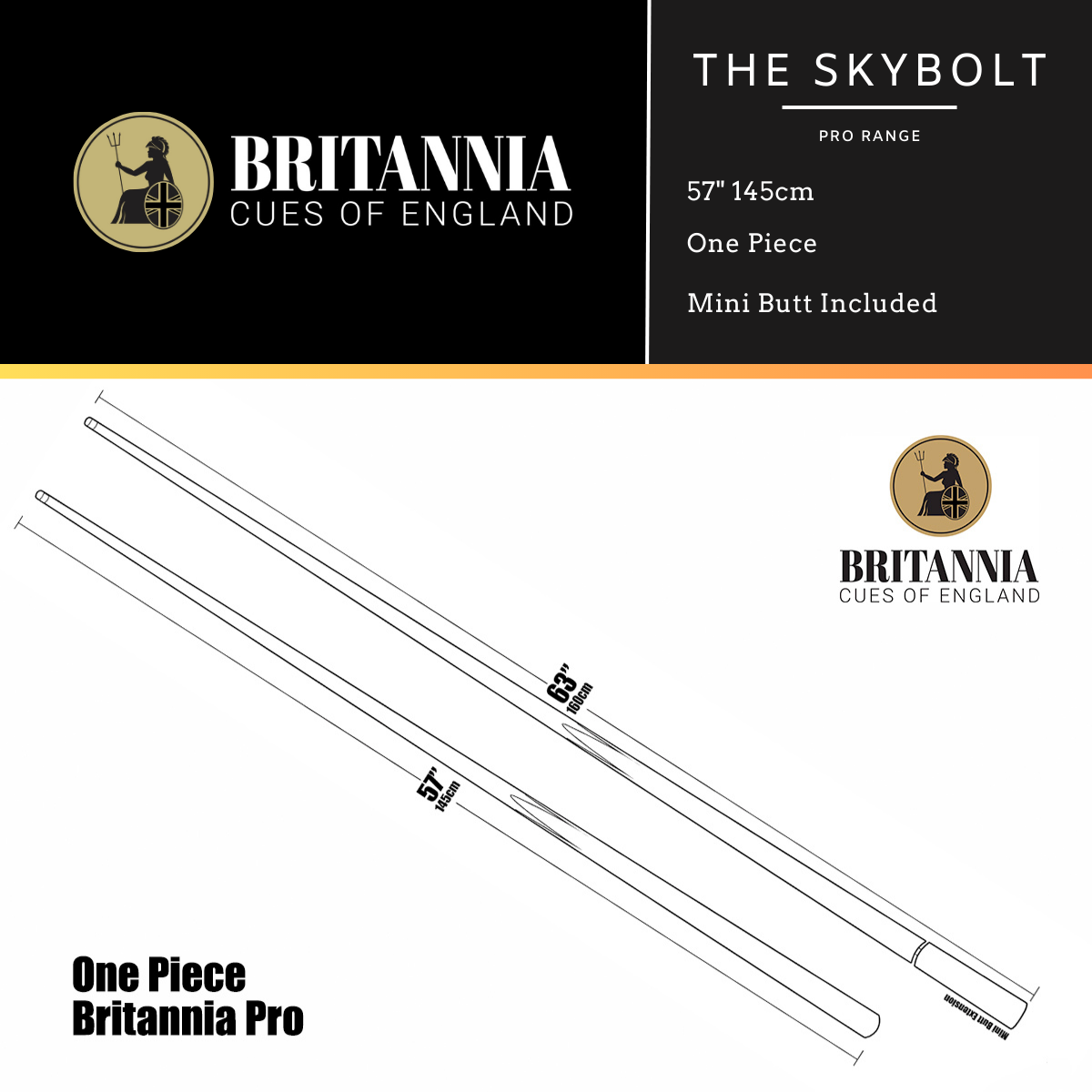 Britannia English Pool Cue 1 Piece Pro Range Skybolt 57" 145cm