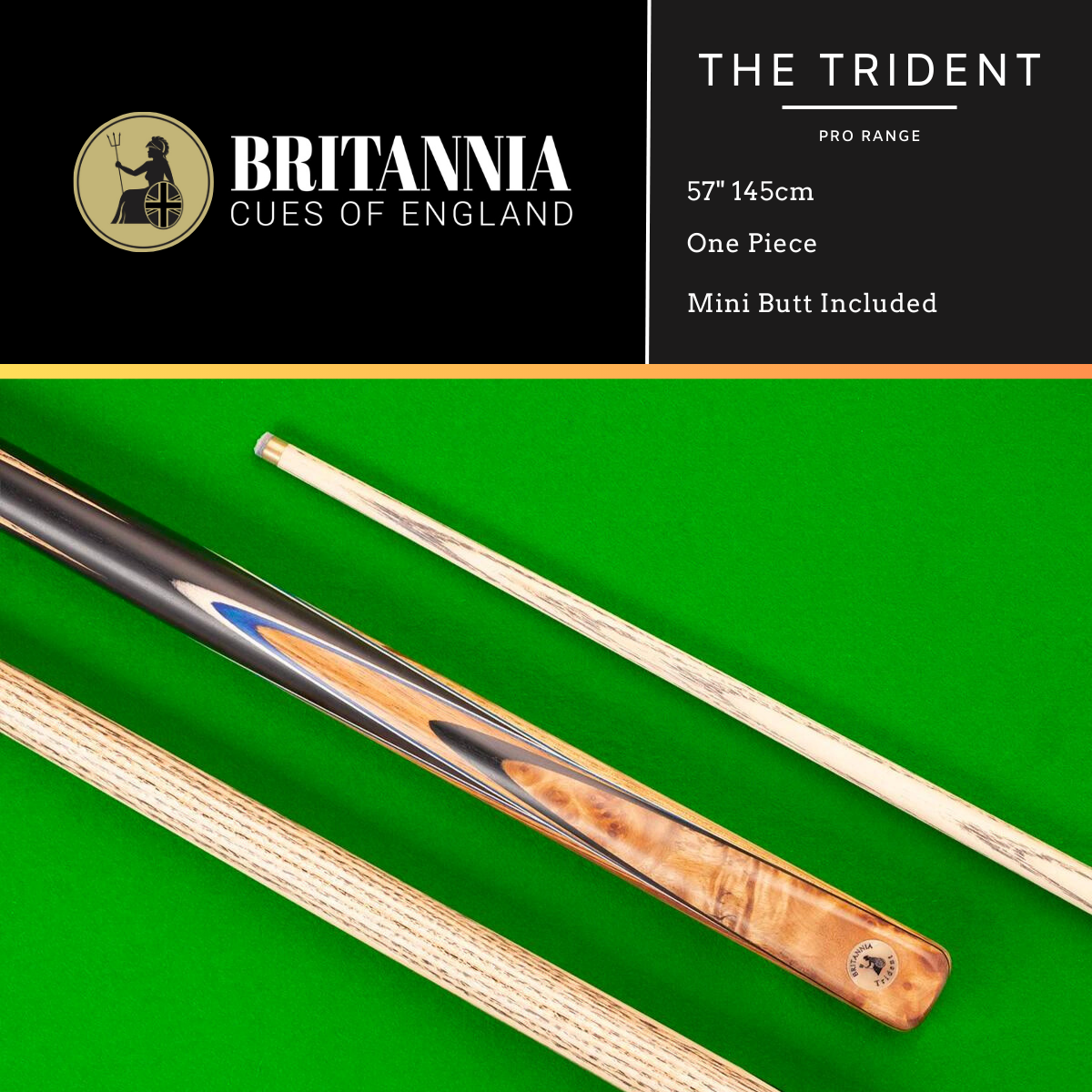 Britannia English Pool Cue 1 Piece Pro Range Trident 57" 145cm
