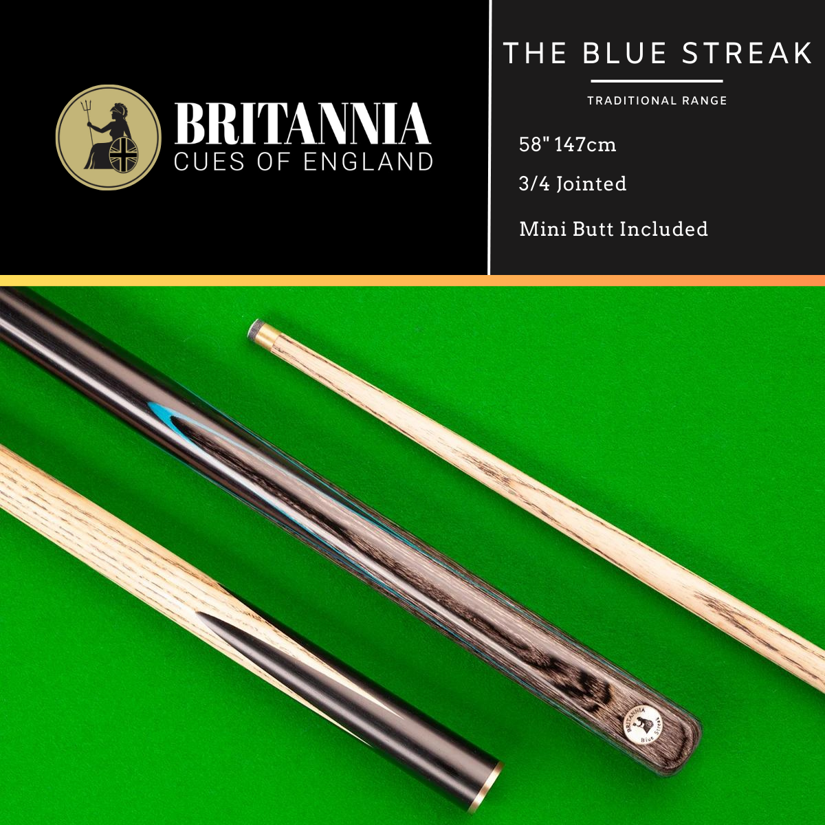 Britannia Snooker Cue 3/4 Jointed Traditional Range Blue Streak 58" 147cm