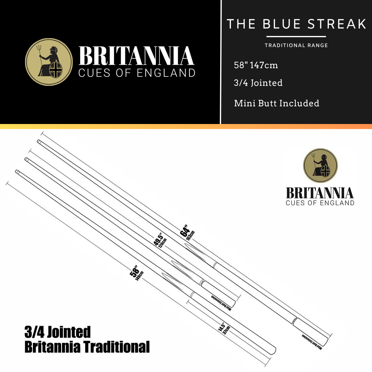 Britannia Snooker Cue 3/4 Jointed Traditional Range Blue Streak 58" 147cm