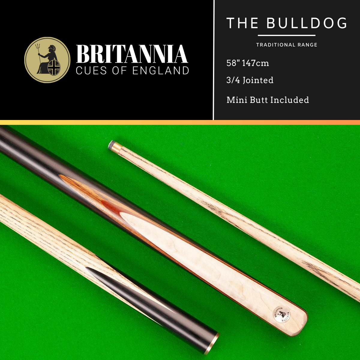 Britannia Snooker Cue 3/4 Jointed Traditional Range Bulldog 58" 147cm