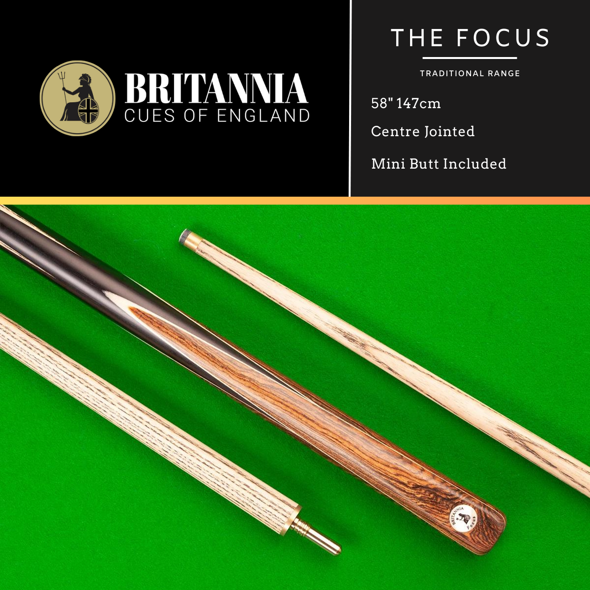 Britannia Snooker Cue Centre Jointed Traditional Range Focus 58" 147cm
