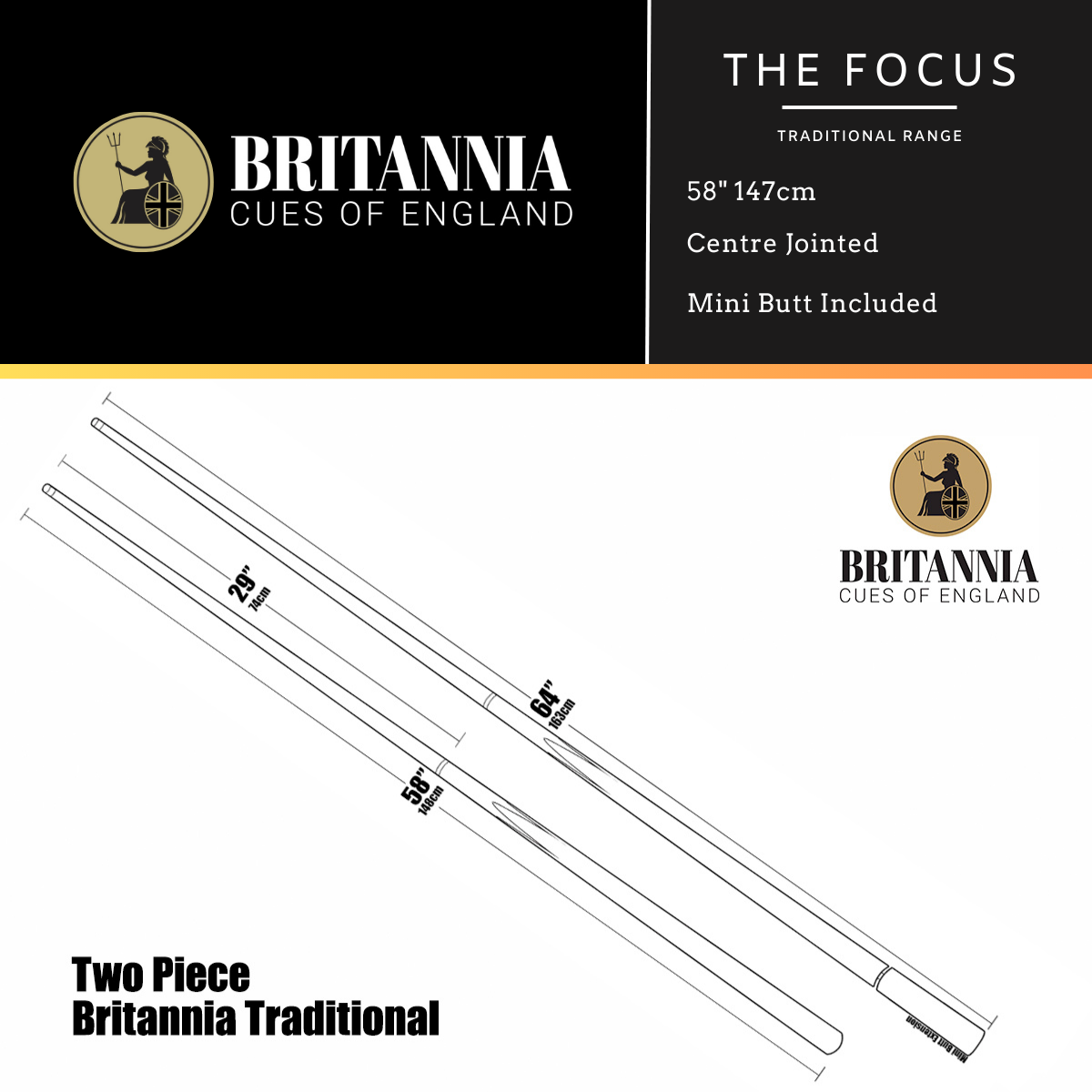 Britannia Snooker Cue Centre Jointed Traditional Range Focus 58" 147cm