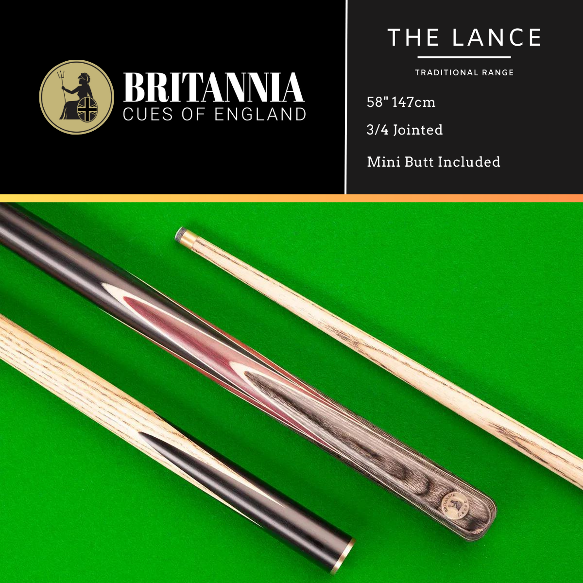 Britannia Snooker Cue 3/4 Jointed Traditional Range Lance 58" 147cm