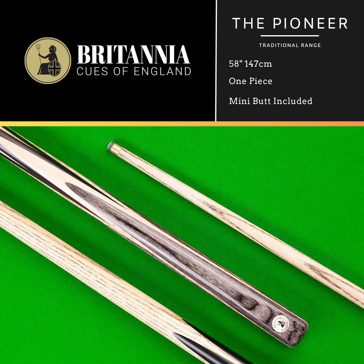 Britannia Snooker Cue 1 Piece Traditional Range Pioneer 58" 147cm