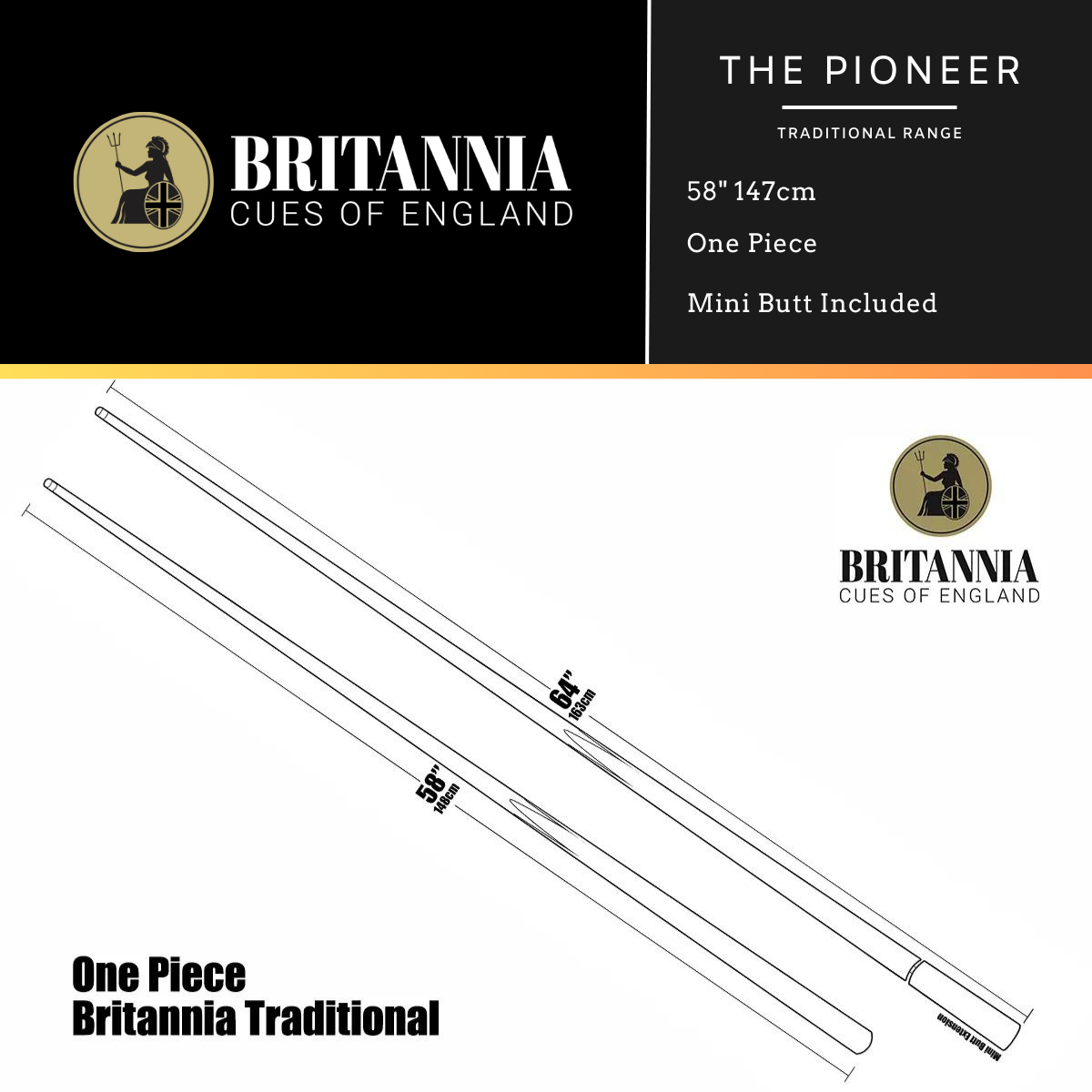 Britannia Snooker Cue 1 Piece Traditional Range Pioneer 58" 147cm