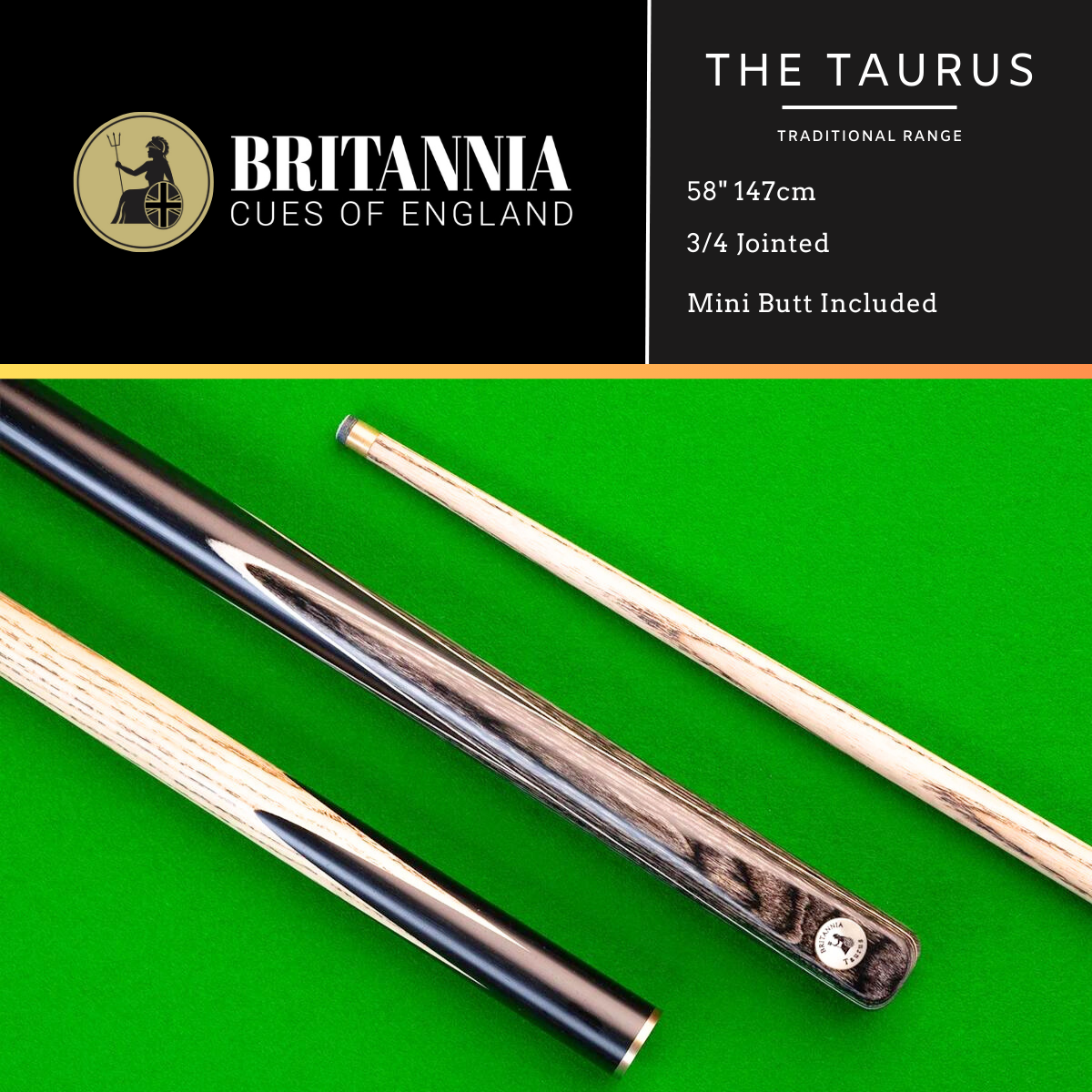 Britannia Snooker Cue 3/4 Jointed Traditional Range Taurus 58" 147cm