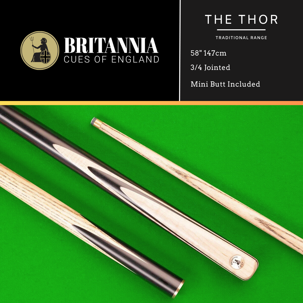 Britannia Snooker Cue 3/4 Jointed Traditional Range Thor 58" 147cm