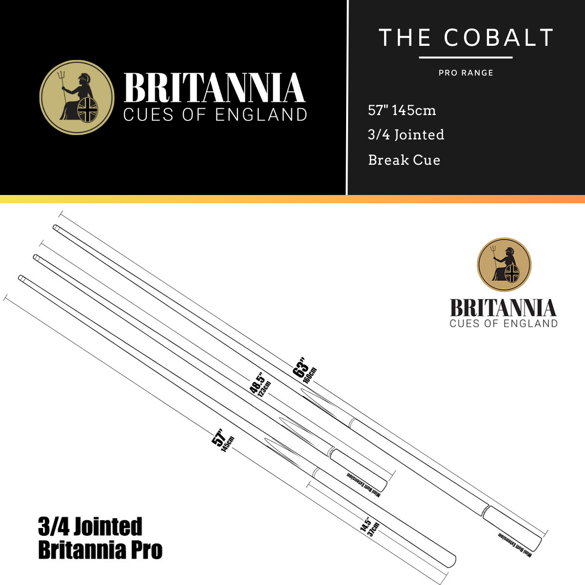 Britannia English Break Cue 3/4 Jointed Pro Range Cobalt 57" 145cm