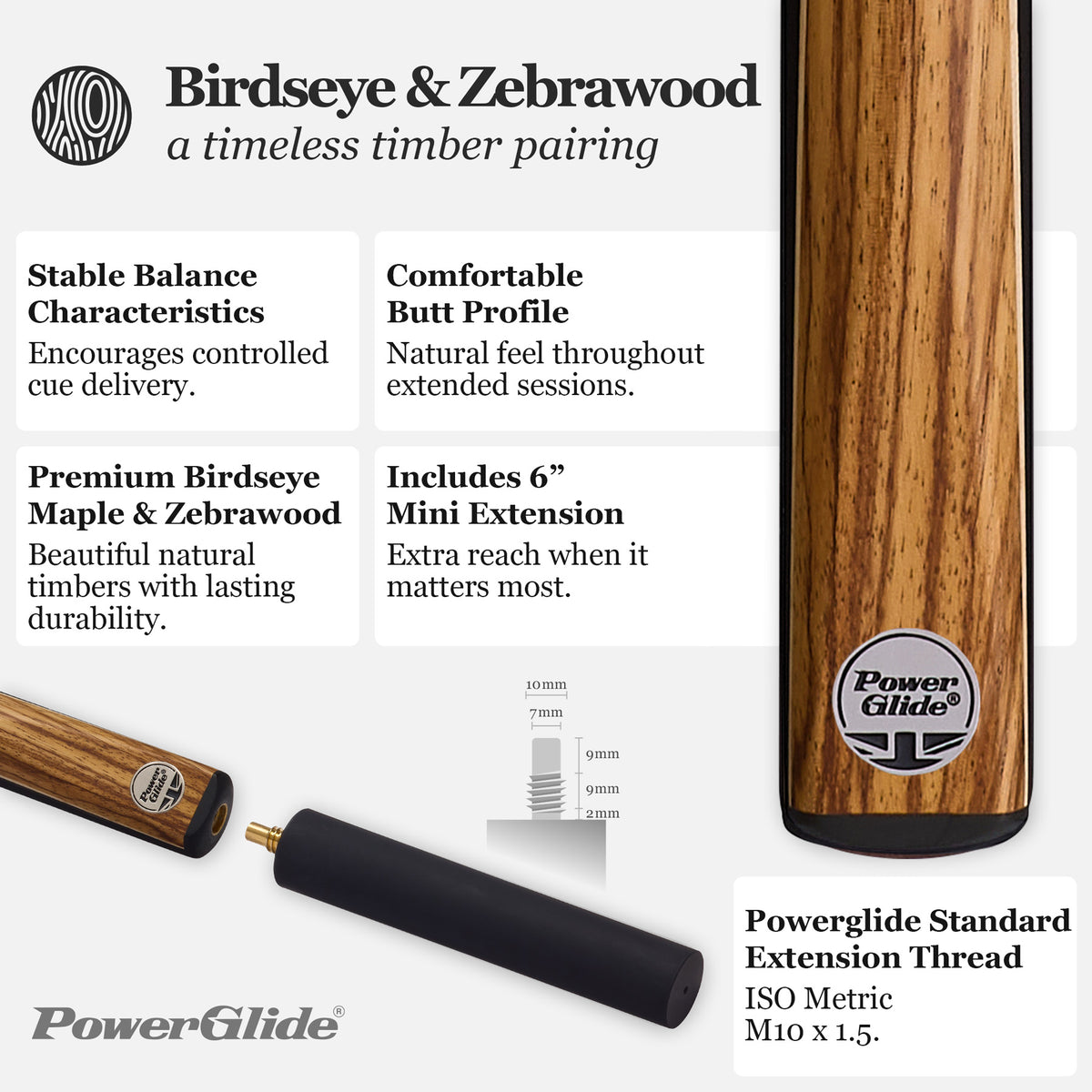 PowerGlide Snooker & Pool Cue 3/4 Jointed Or One Piece Ekko 57" 145cm