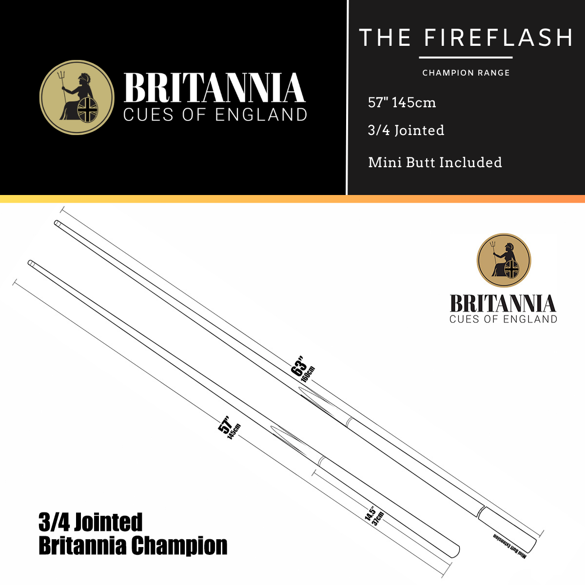 Britannia 3/4 Jointed FireFlash Champion Snooker Cue