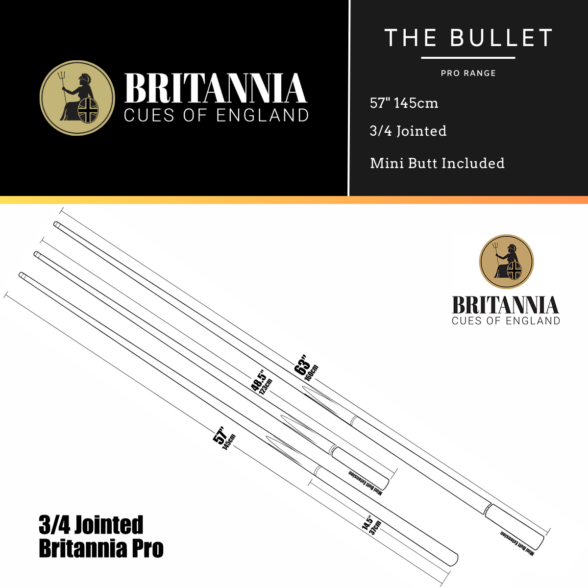 Britannia 3/4 Jointed Bullet Pro Range British Pool Cue