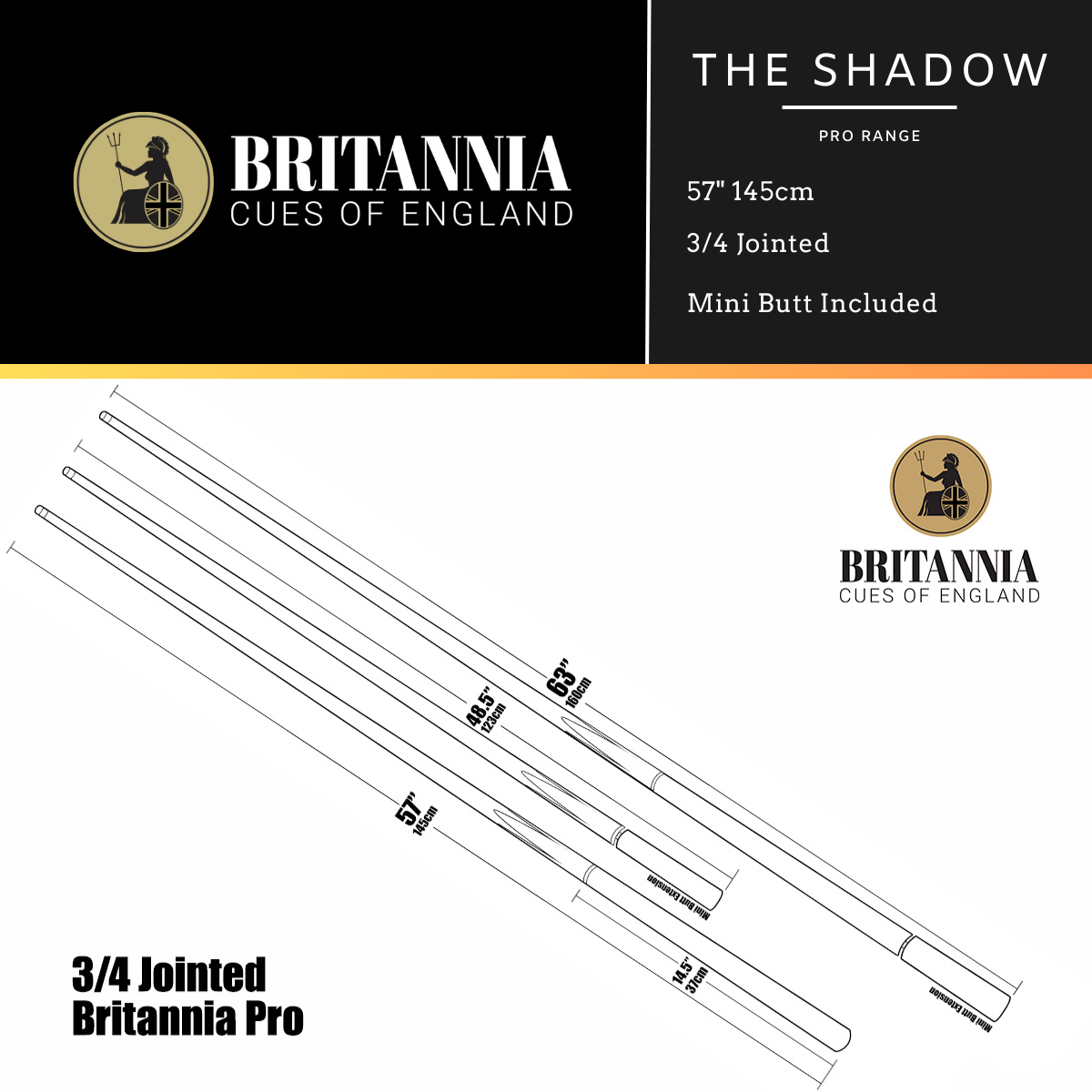 Britannia 3/4 Jointed Shadow Pro Range British Pool Cue