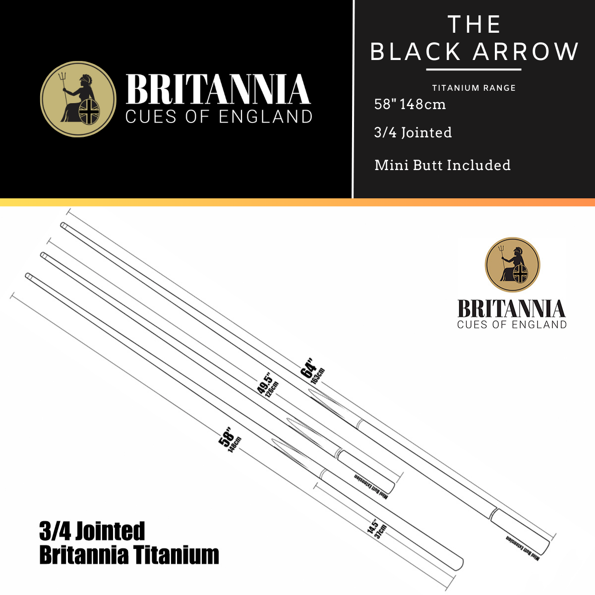 Britannia 3/4 Jointed Black Arrow Titanium Snooker Cue