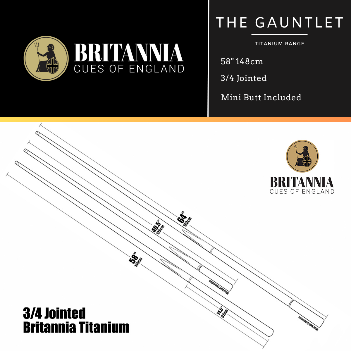 Britannia 3/4 Jointed Gauntlet Titanium Snooker Cue