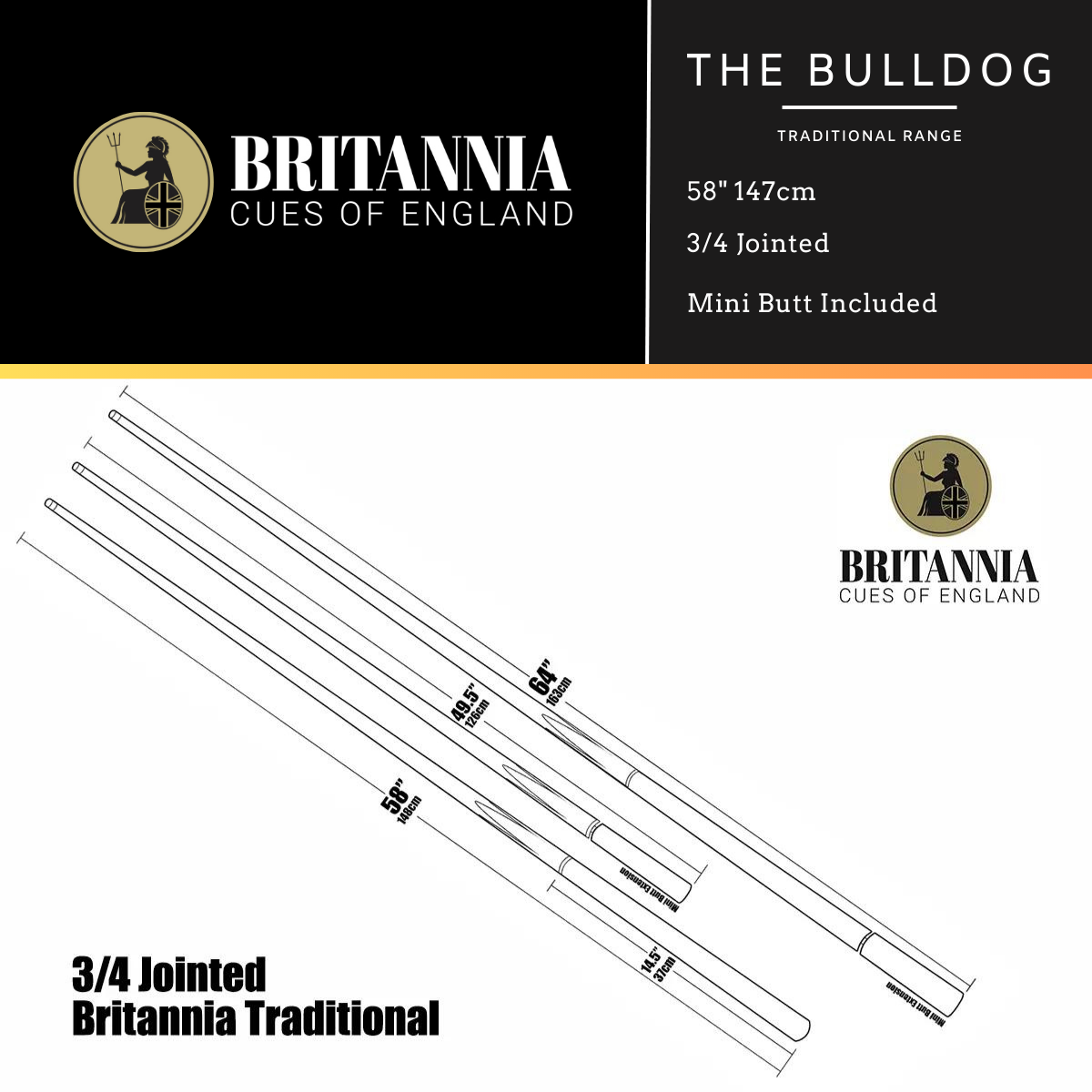 Britannia 3/4 Jointed Bulldog Traditional Snooker Cue