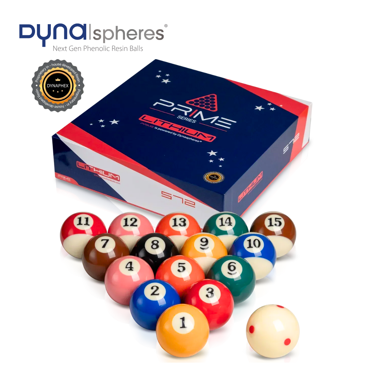 Dynaspheres American Pool Ball Set Lithium Spots & Stripes 2 1/4" 57.2mm