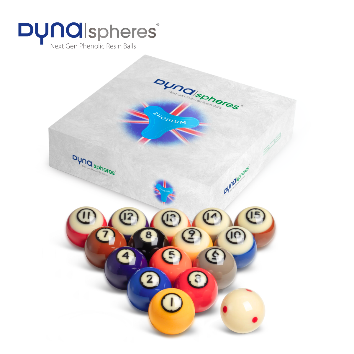 Dynaspheres English Pool Ball Set Rhodium Spots & Stripes 2" 50.8mm
