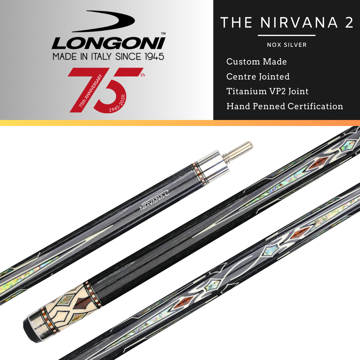 The Longoni Nirvana 2 American Pool Cue Nox Silver