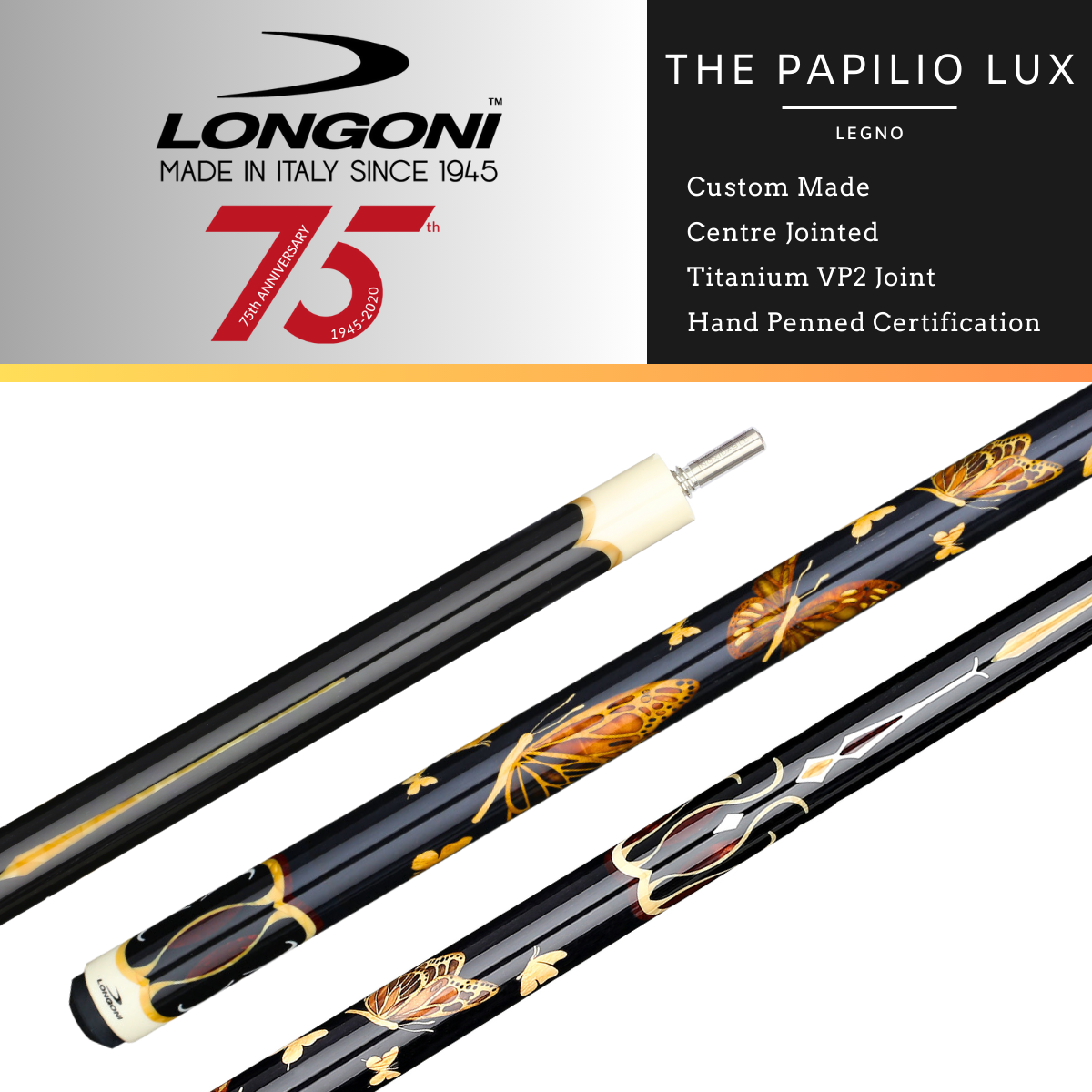 The Longoni Papilio Lux American Pool Cue Legno