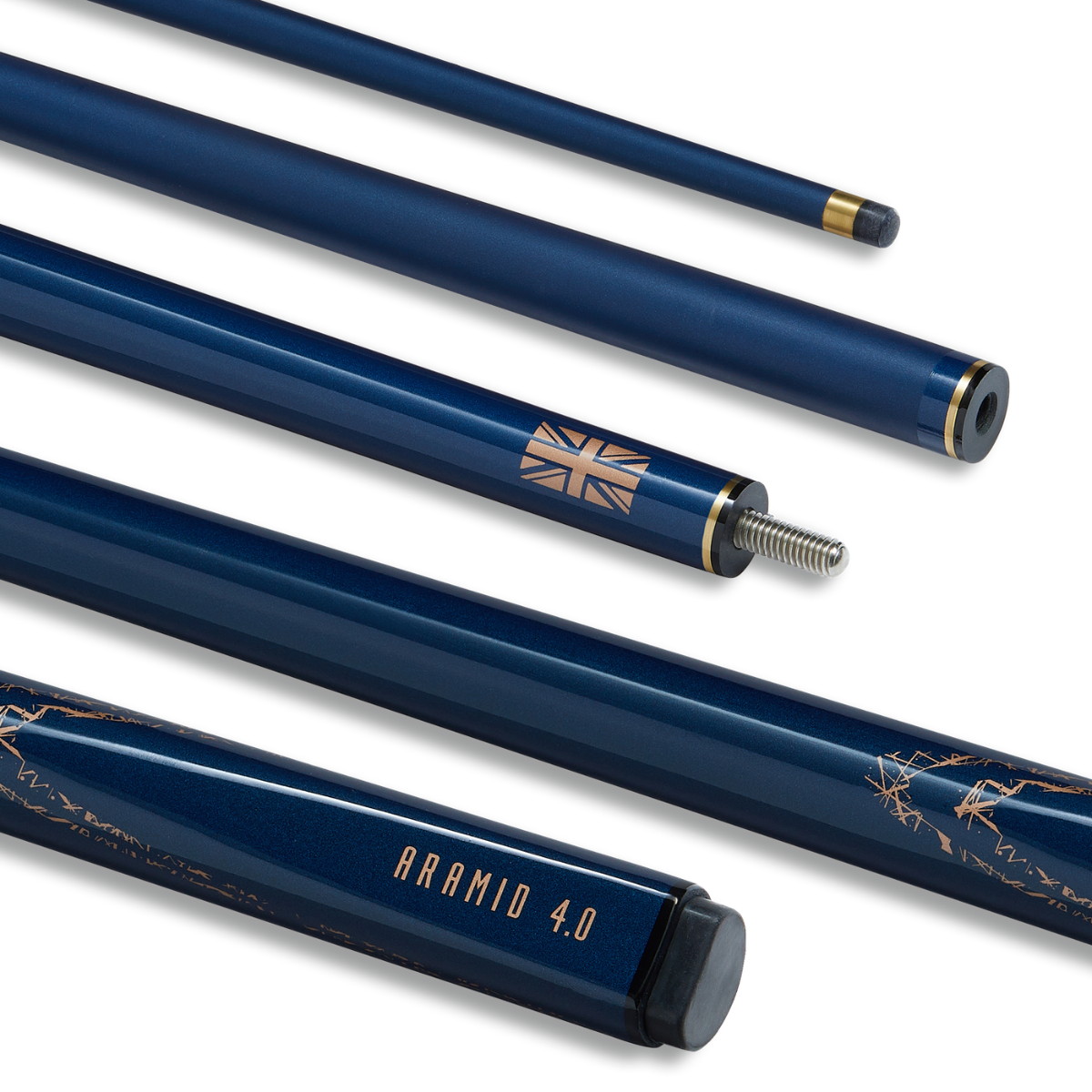 PowerGlide Snooker & Pool Cue Centre Jointed 3K Carbon Fibre Aramid Blue Rose Gold 57" 145cm